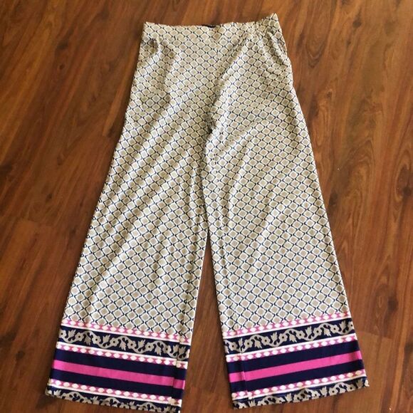 Hamptonite New York Beige, navy and pink wide leg flowy pants, size small - Picture 1 of 5